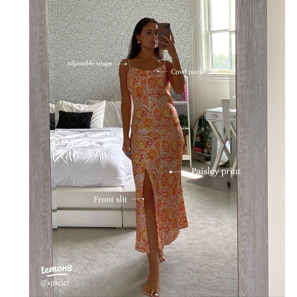 Tropical Orange Pink Paisley Festival Cowl Neck 90s Midi Slip Dress Slit Medium - Picture 1 of 7